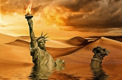 Die untergehende Freiheitsstatue in einer Wüste