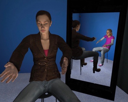 Giving and receiving compassion in VR. Pictures (adapted) by Chris Brewin via PLOS ONE (http://journals.plos.org/plosone/article?id=10.1371/journal.pone.0111933)