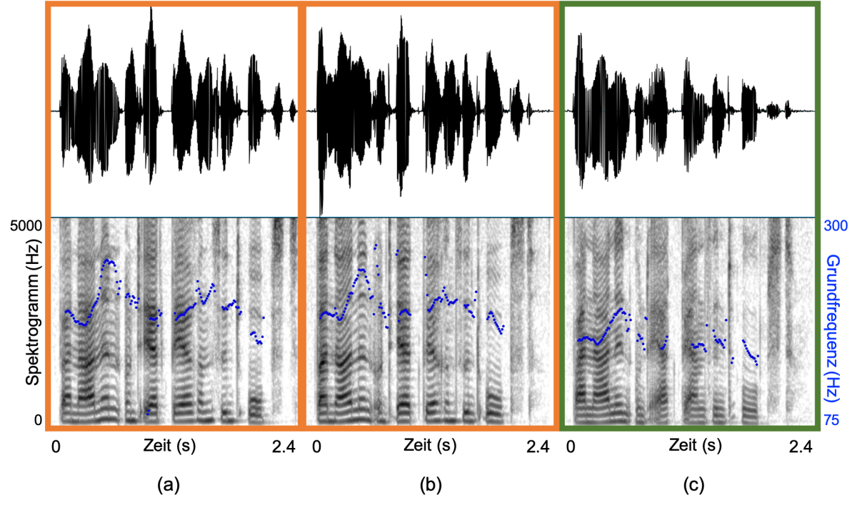 Bild 2: Beispiele für Stimmen von zwei eineiigen weiblichen Zwillingen (a und b; Alter 21 Jahre) und einer nicht verwandten weiblichen Sprecherin ähnlichen Alters (c; Alter 19 Jahre). Die Beispiele zeigen den Schalldruckverlauf über die Zeit (oben) und ein Sprachspektrogramm (unten) der Äußerung „Bananen und Erdbeeren sind Obst“. Bitte beachten Sie die unterschiedliche Frequenzskalierung für das Sprachspektrogramm (links, und in schwarz) und die Frequenz der Grundfrequenzkontur (rechts, und in blau).