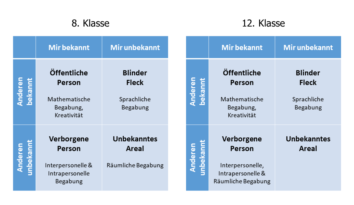 Bild 2: Die Einordnung unterschiedlicher Begabungsbereiche ins Johari-Fenster basierend auf Neubauer, Pribil, Wallner, und Hofer (2018).